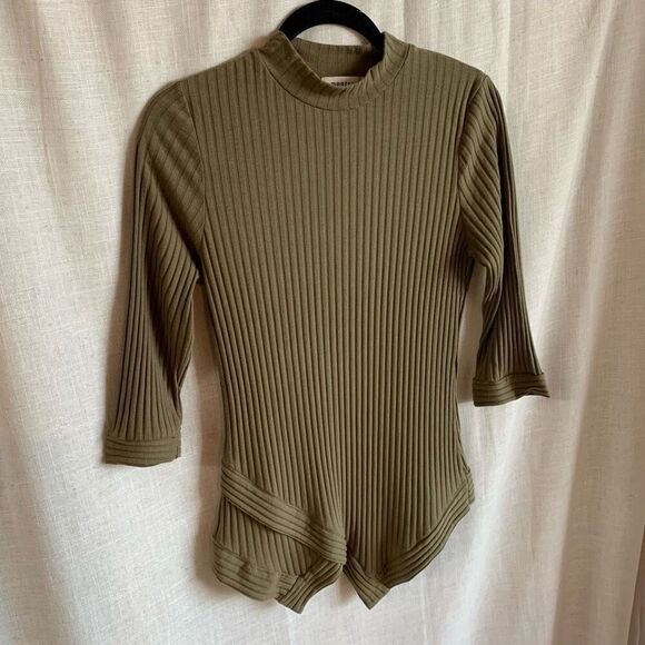 Monteau Womens XL Olive Green Knit Sweater Ribbed Quarter Sleeve Mock Neck - Picture 2 of 12
